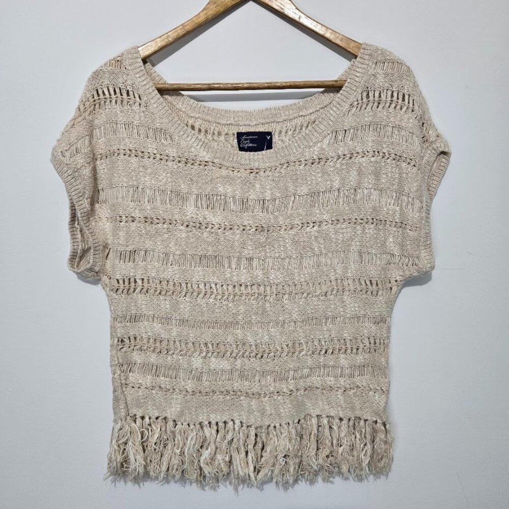 American Eagle Womens Open Knit Top Sz L Short Sleeve Fringe Festival Boho Beach